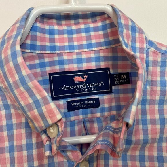Vineyard Vines Boy's Cotton Pink / Blue Check Whale Shirt - Size Medium (12-14) - Picture 2 of 4